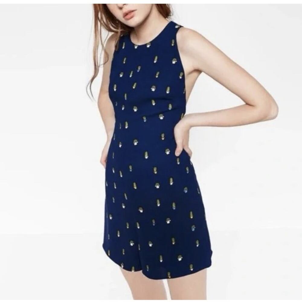 Zara Navy Cactus Print Criss Cross Back Shorts Romper Medium 13-3029